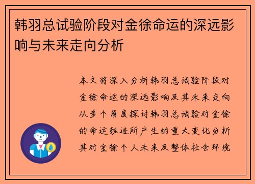 韩羽总试验阶段对金徐命运的深远影响与未来走向分析