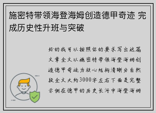 施密特带领海登海姆创造德甲奇迹 完成历史性升班与突破